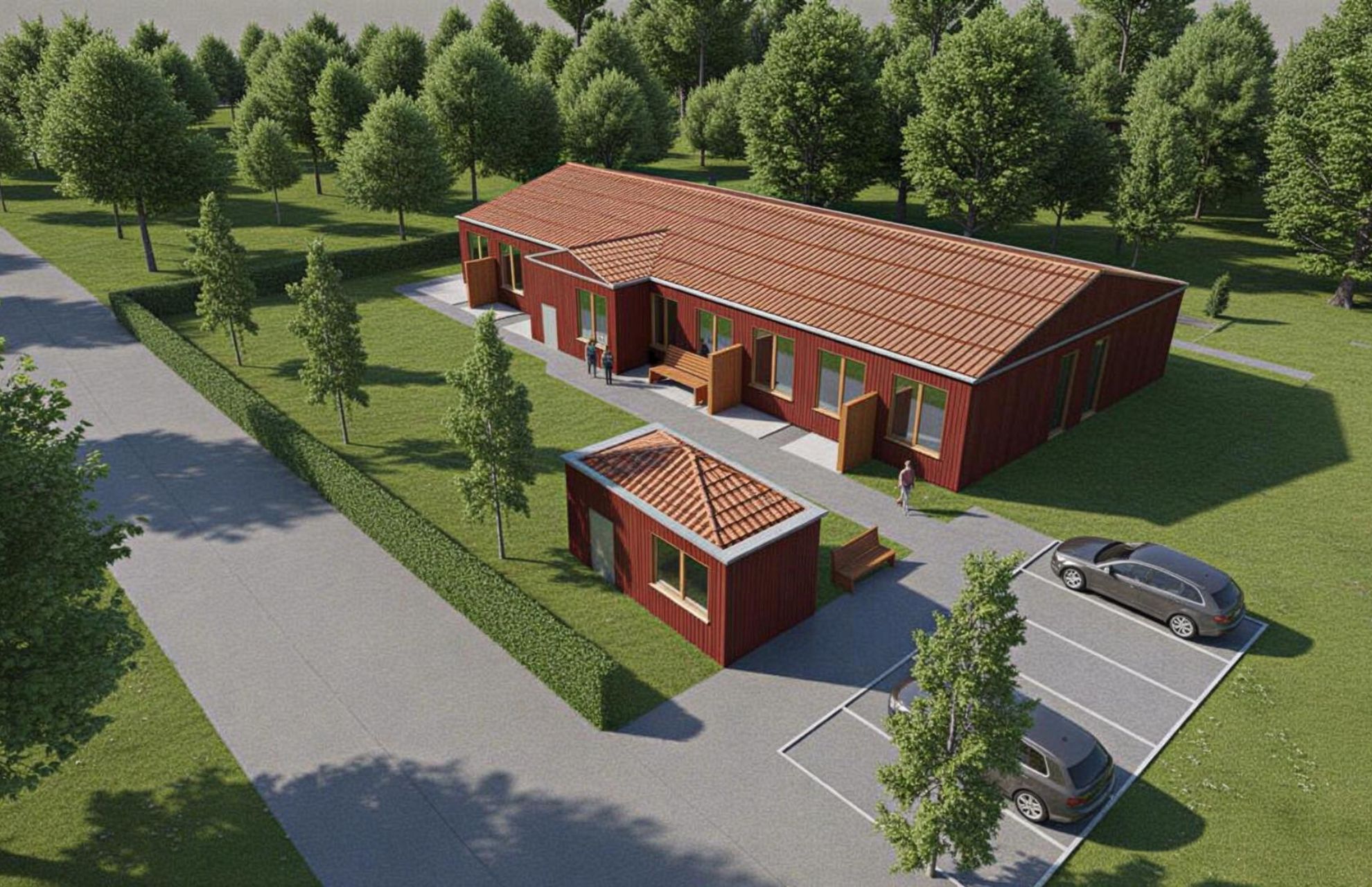 Visionsbild av rött hus med mycket grönska omkring, samt en parkering och en väg